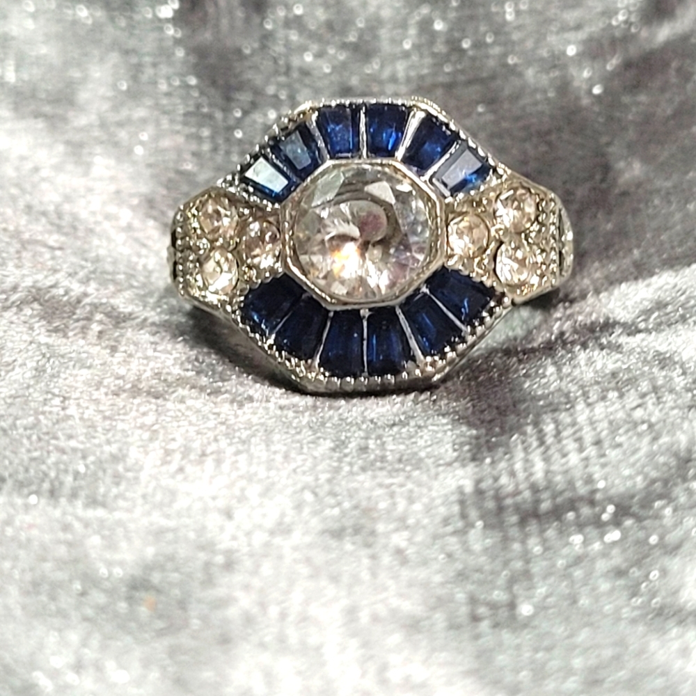Blue Polygon CZ Zircon Art Deco Ring - Picture 2 of 7